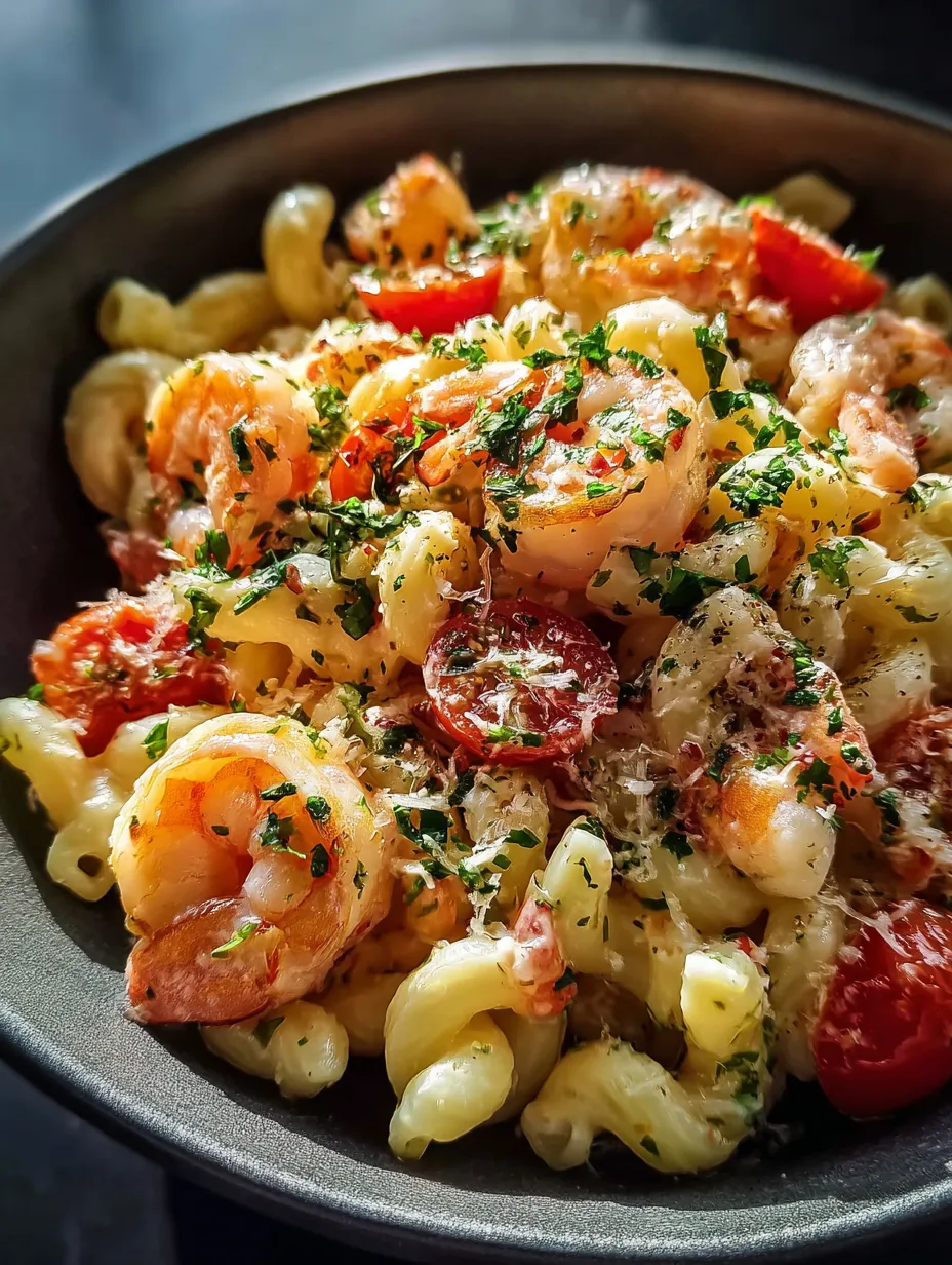 Schüssel mit Nudeln und Garnelen.