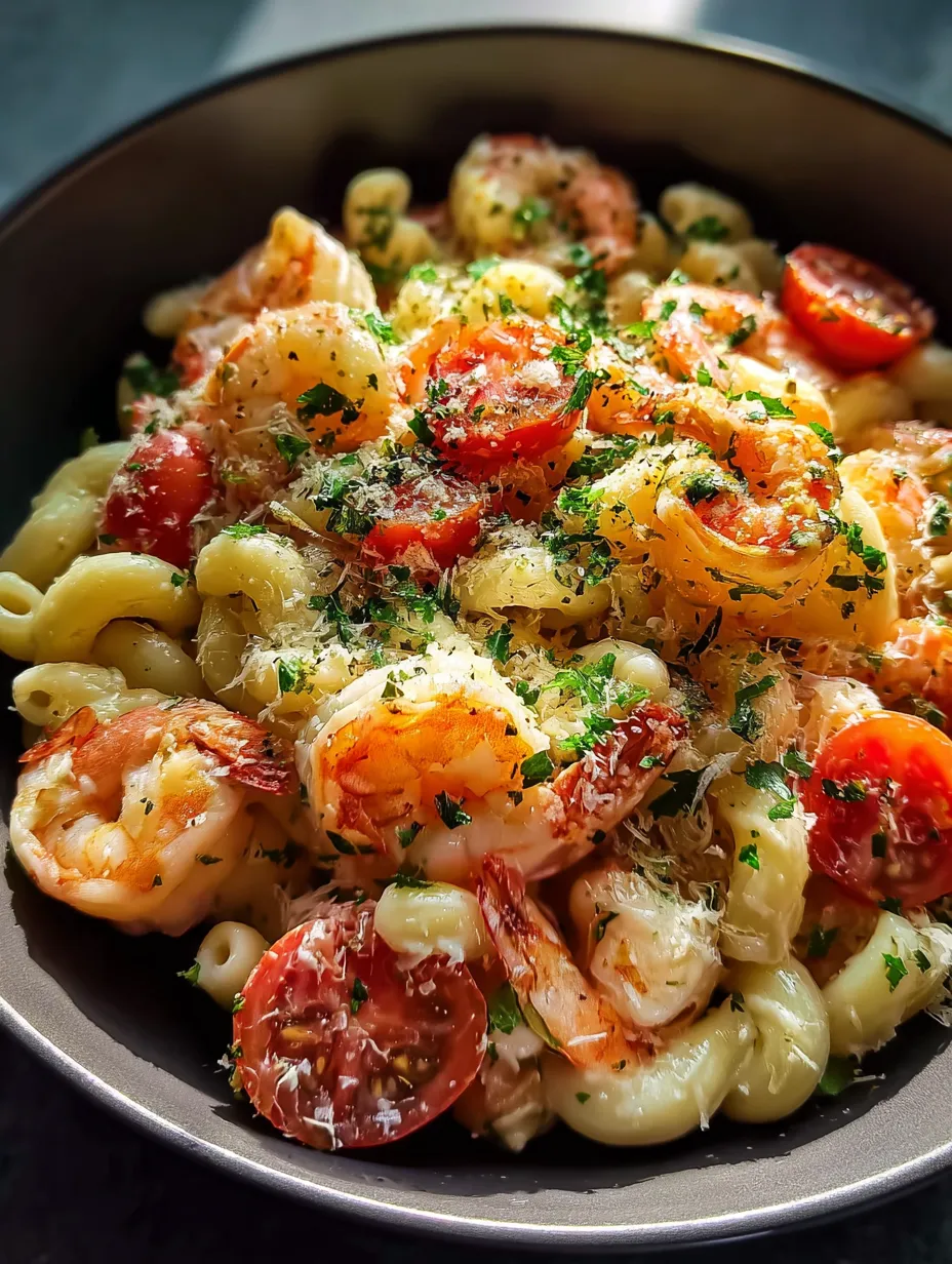 Eine Schüssel mit Nudeln, Shrimps und Tomaten.