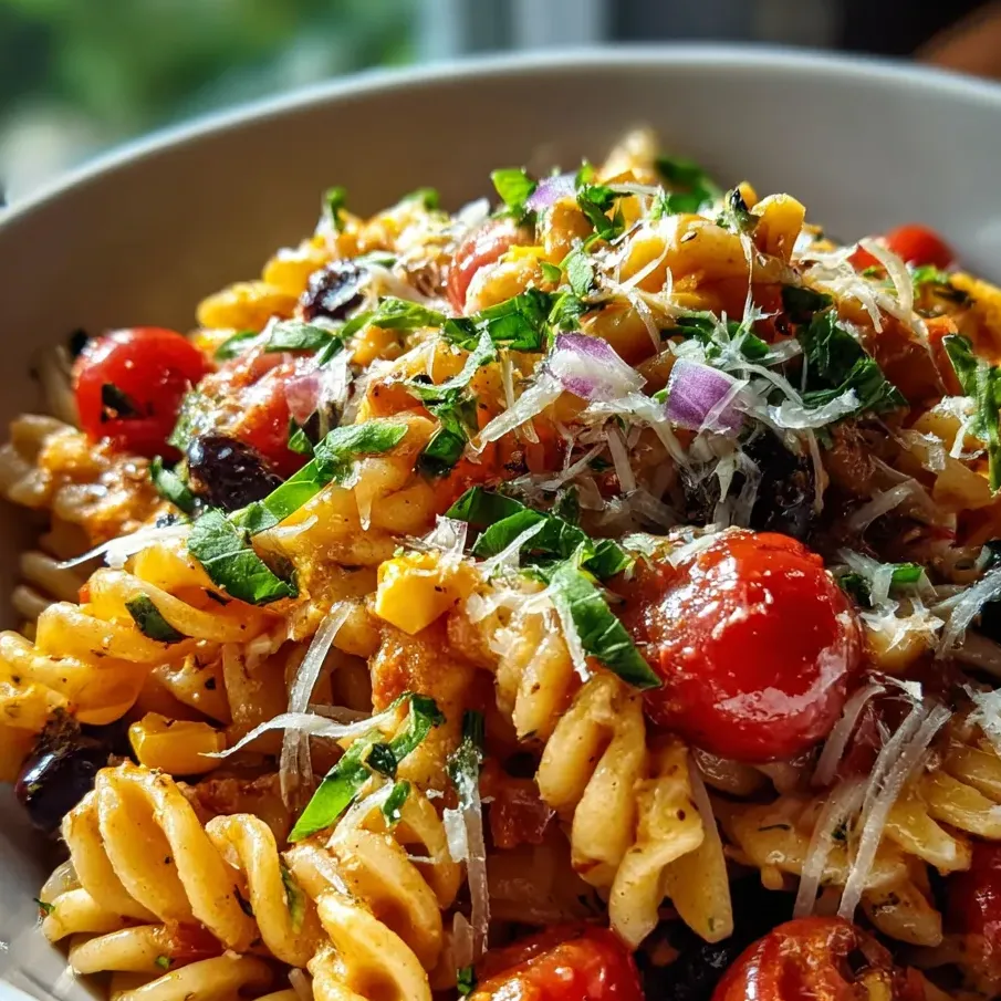 Eine Schüssel Nudeln mit Tomaten und Käse.