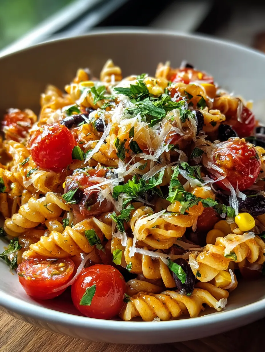 Eine Schüssel Pasta mit Tomaten und Käse.