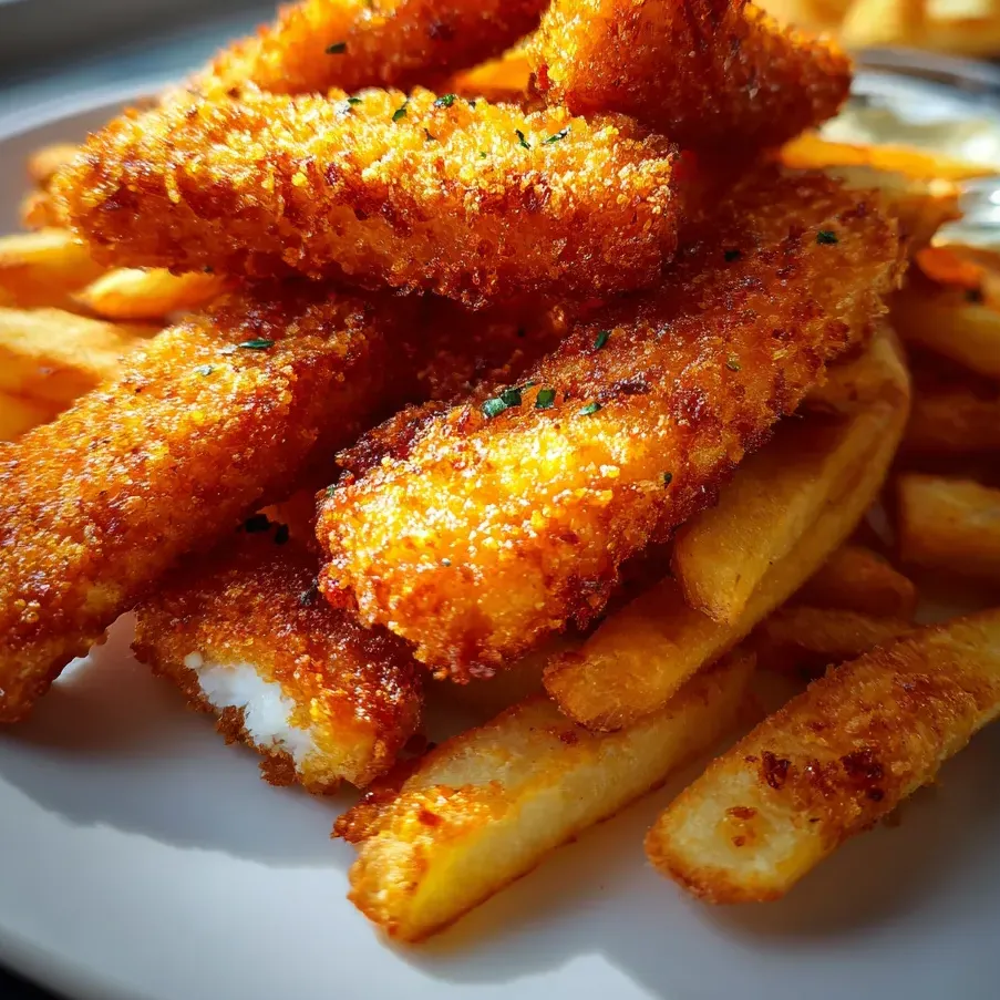 Ein Teller mit Pommes und Fischstäbchen.