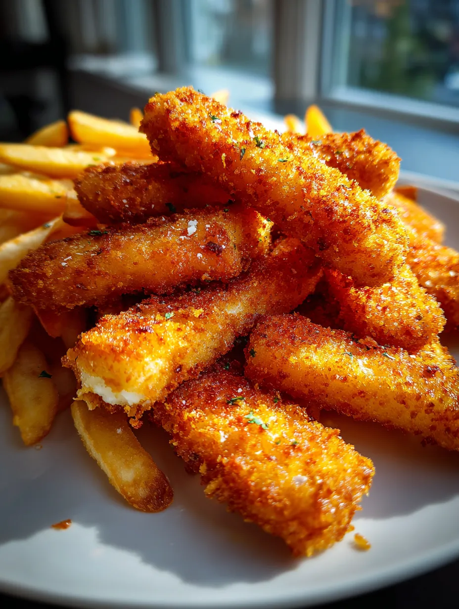 Ein Teller mit frittiertem Essen, Pommes und paniertem Fisch.