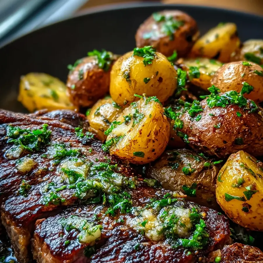 Ein Teller mit Steak und Kartoffeln.