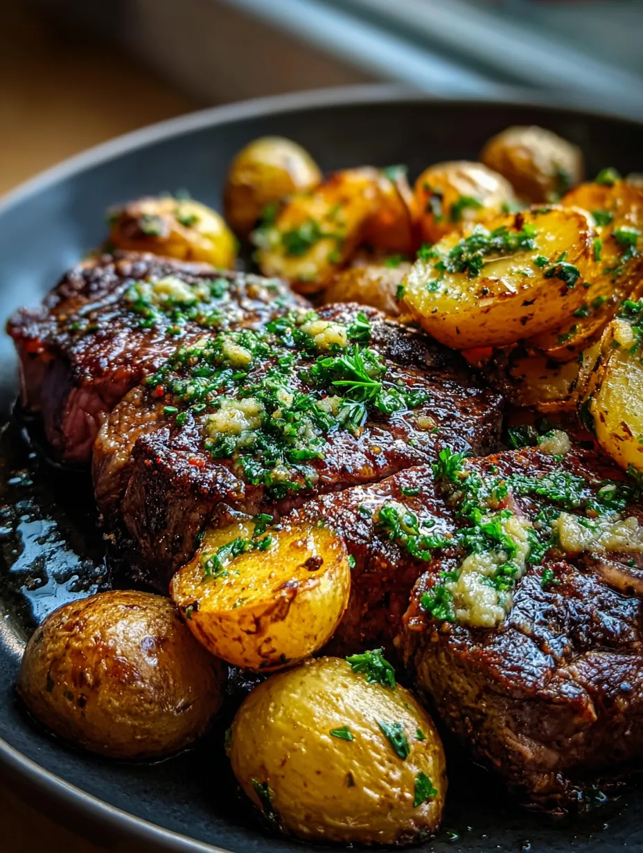 Ein Teller mit Kartoffeln und Fleisch.