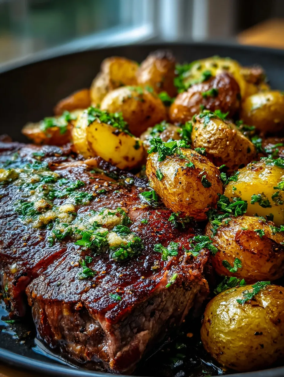 Ein Teller mit Fleisch und Kartoffeln.