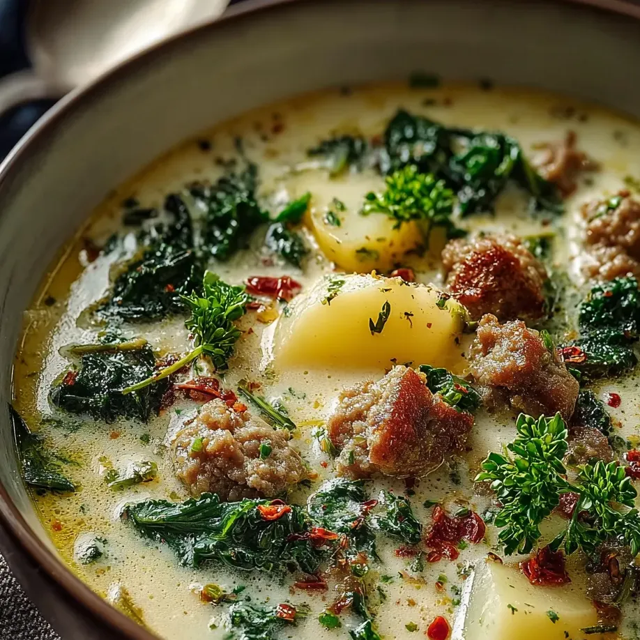 Eine Schale Suppe mit Grünkohl und Wurst.