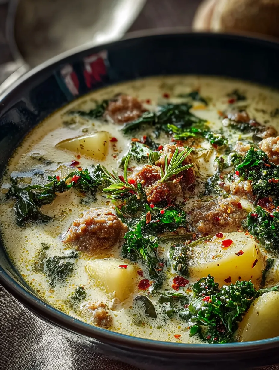Eine Schale Suppe mit Fleisch und Grünzeug.
