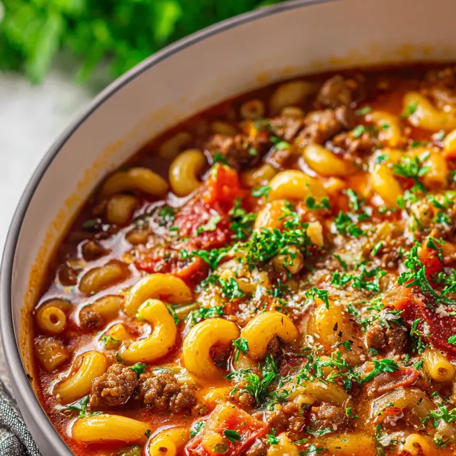 Eine Schüssel Suppe mit Nudeln und Fleisch.