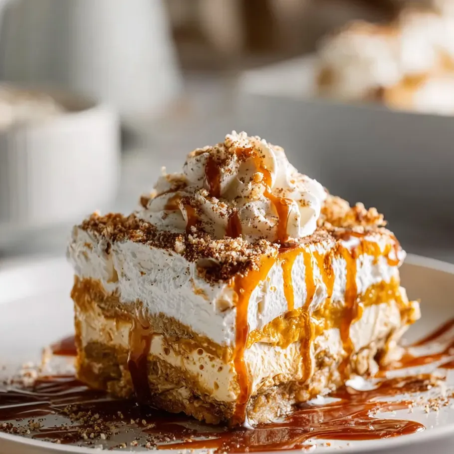 Ein Stück Kuchen mit Karamellsoße obendrauf.