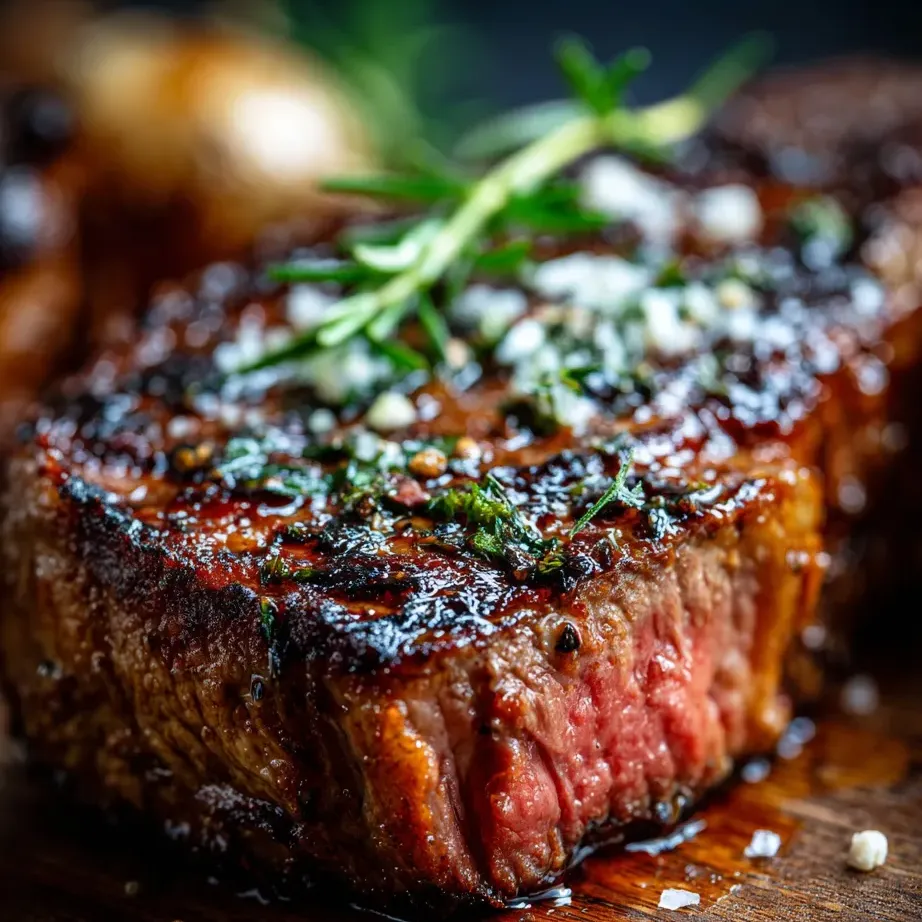 Ein saftiges Stück Fleisch mit Kräutern obendrauf.