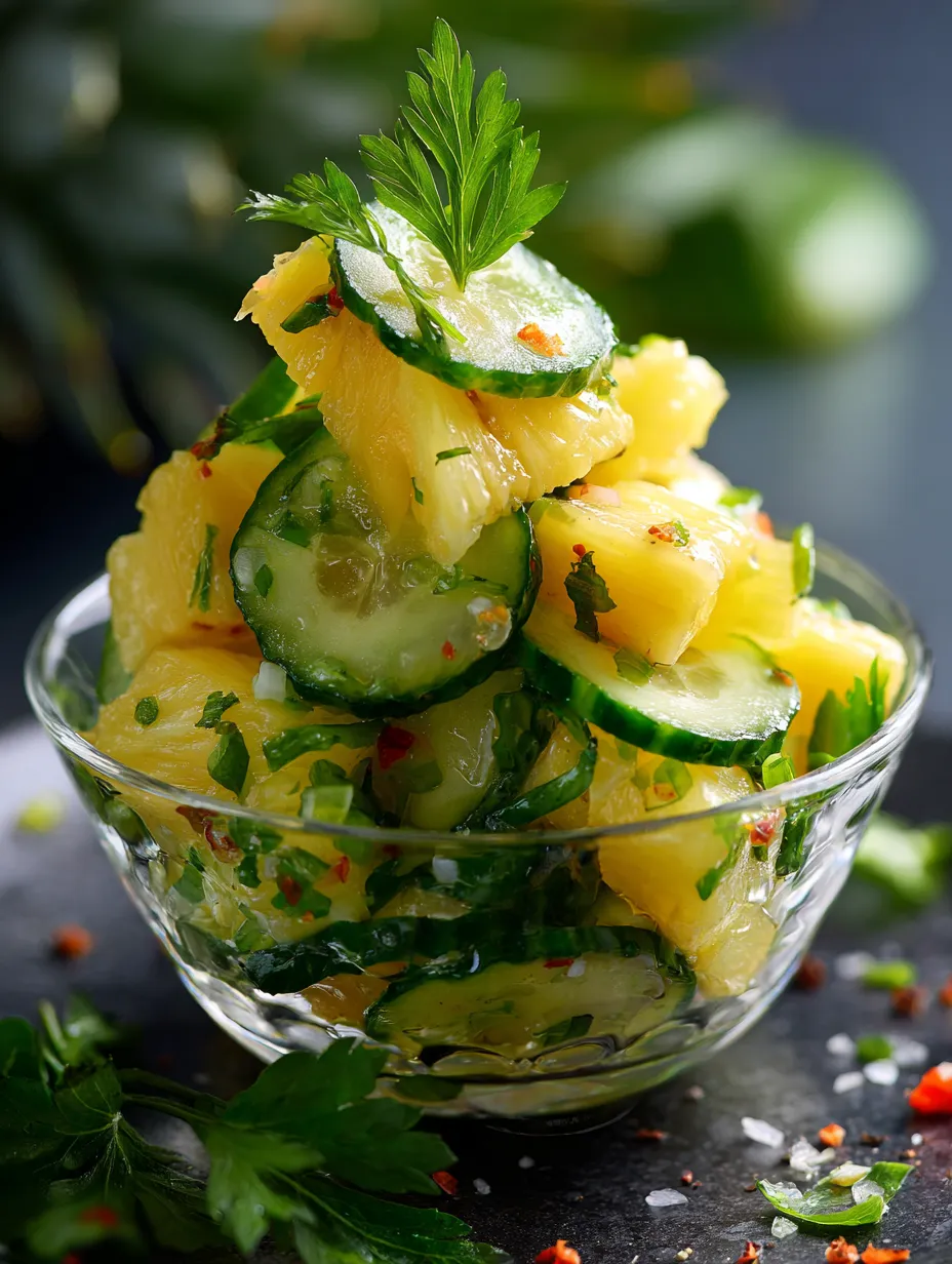 Eine Schüssel mit Ananas- und Gurkenscheiben.