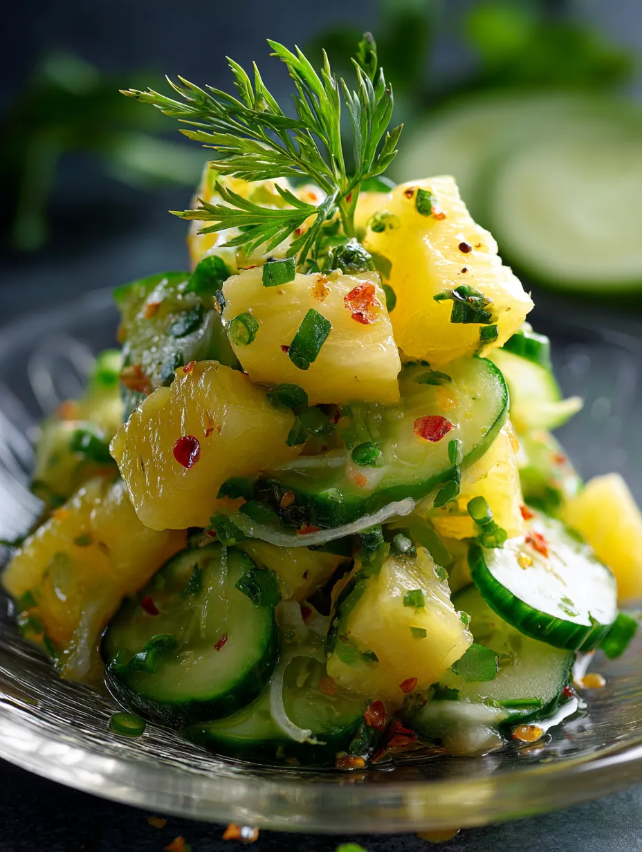Ein Teller mit Gurken und Ananas.