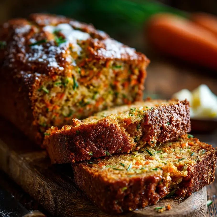 Ein Stück Karottenbrot auf einem Holztisch.