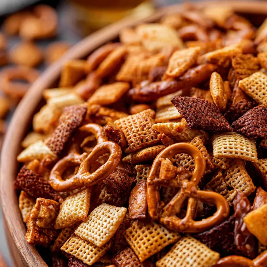 Eine Schale voller Snacks mit Salzstangen und Crackern.