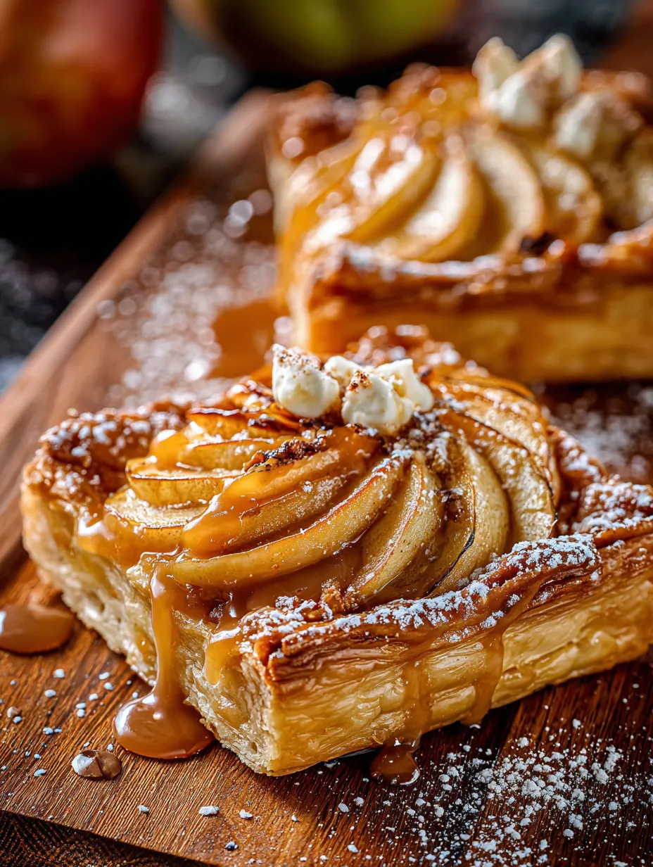 Zwei Stück Apfel-Blätterteig mit Puderzucker auf einem Holztisch.