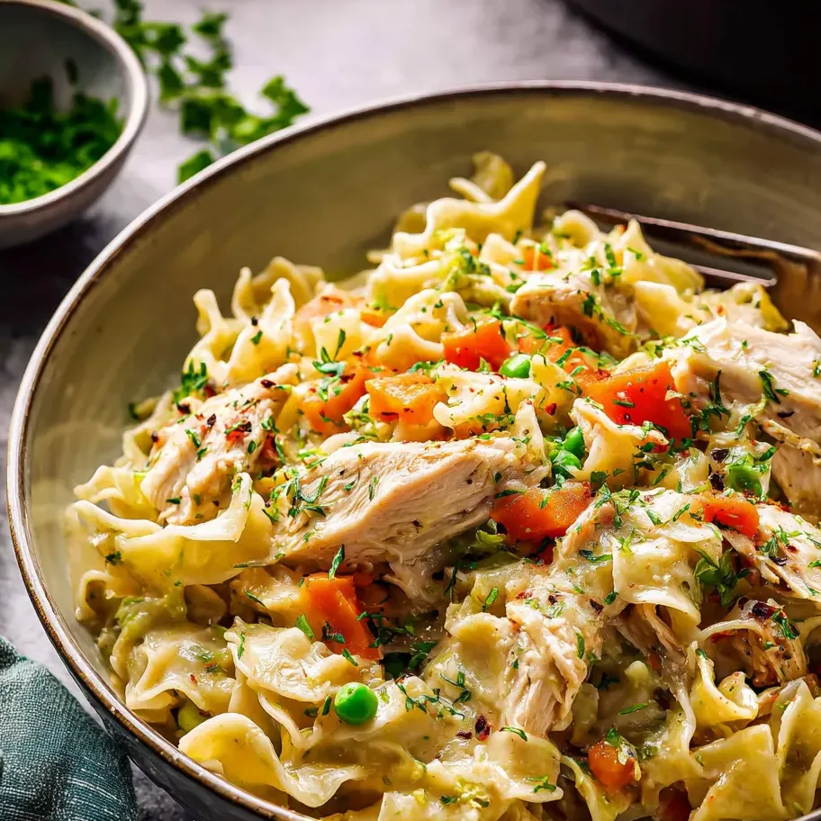 Eine Schüssel Pasta mit Hähnchen und Gemüse.