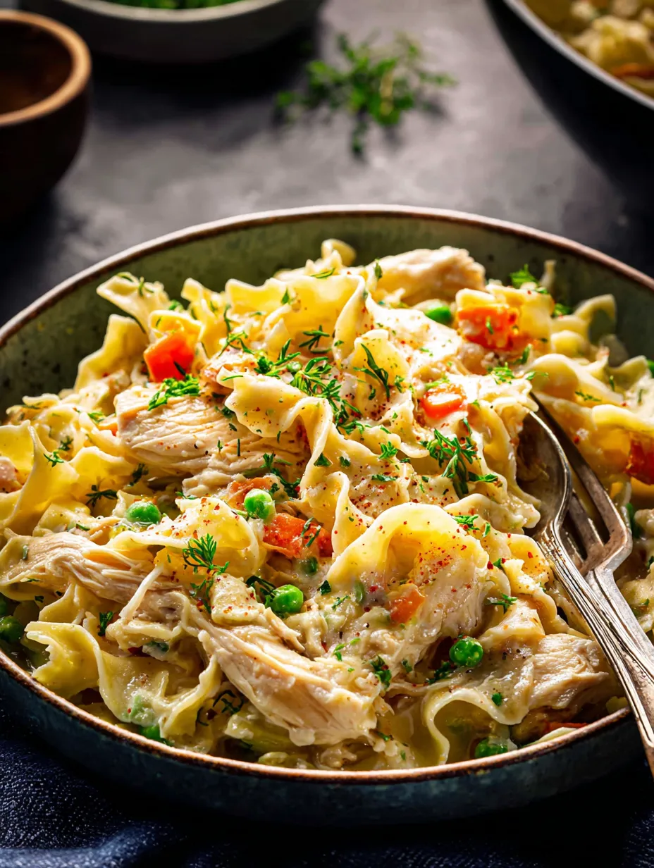 Eine Schale mit Pasta, Hähnchen und Erbsen.