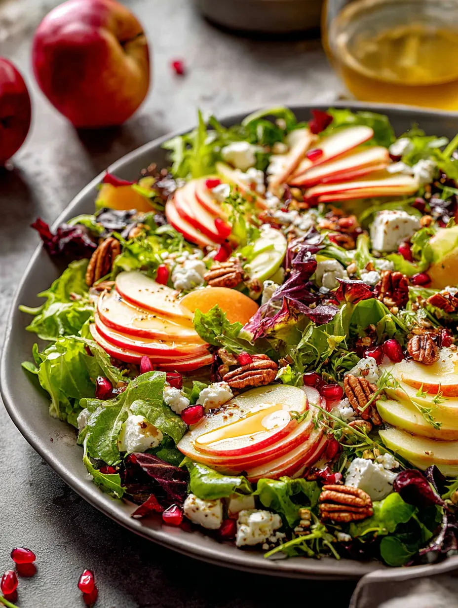 Ein Teller Salat mit Äpfeln, Blattsalat und Käse.