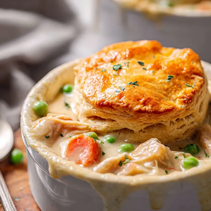 Eine Schale Suppe mit Biscuit oben drauf.