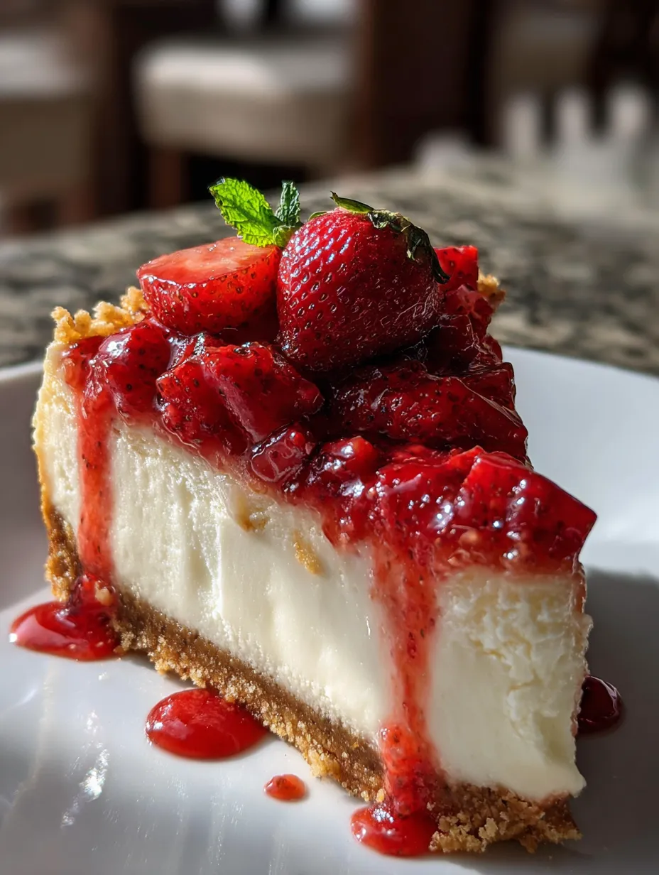 Ein Stück Käsekuchen mit Erdbeeren oben drauf.