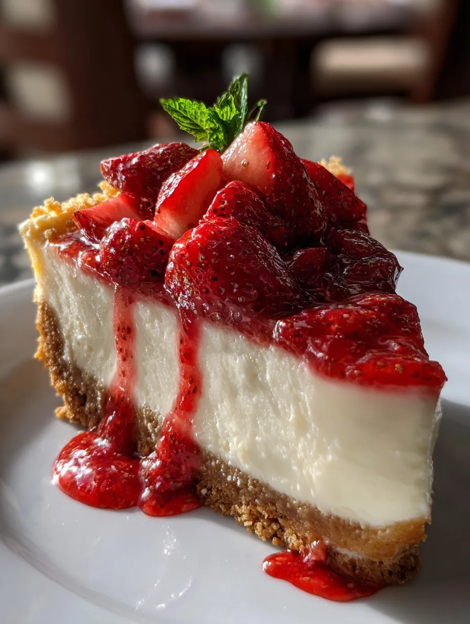 Ein Stück Käsekuchen mit Erdbeeren oben drauf.