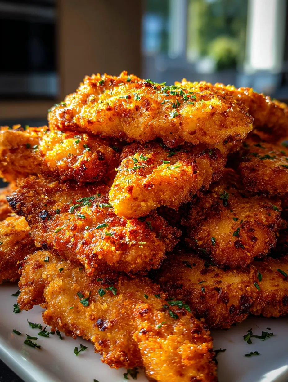 Ein Teller mit frittiertem Hähnchen, oben drauf Kräuter.