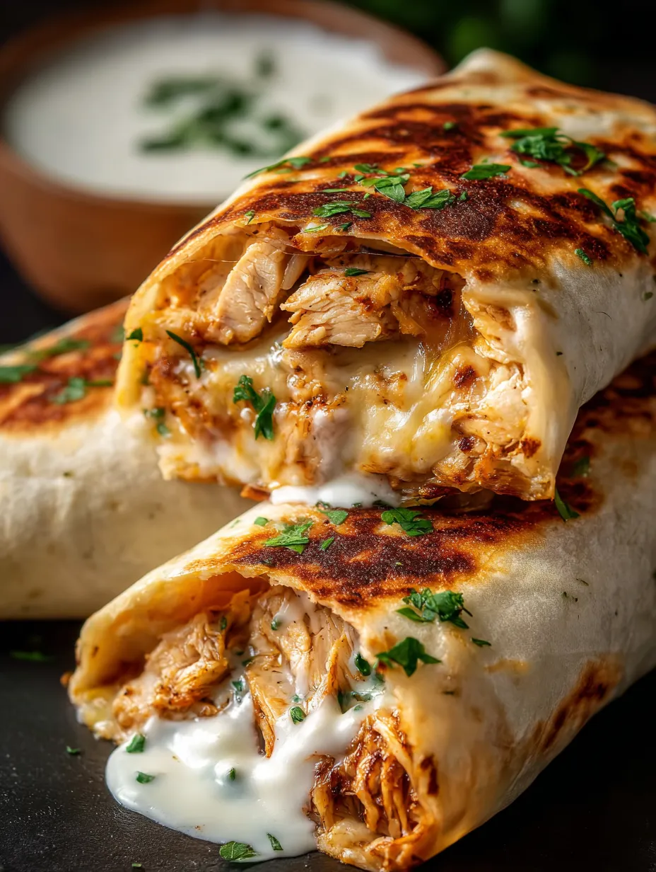 Ein Hähnchen-Burrito mit weißer Soße.