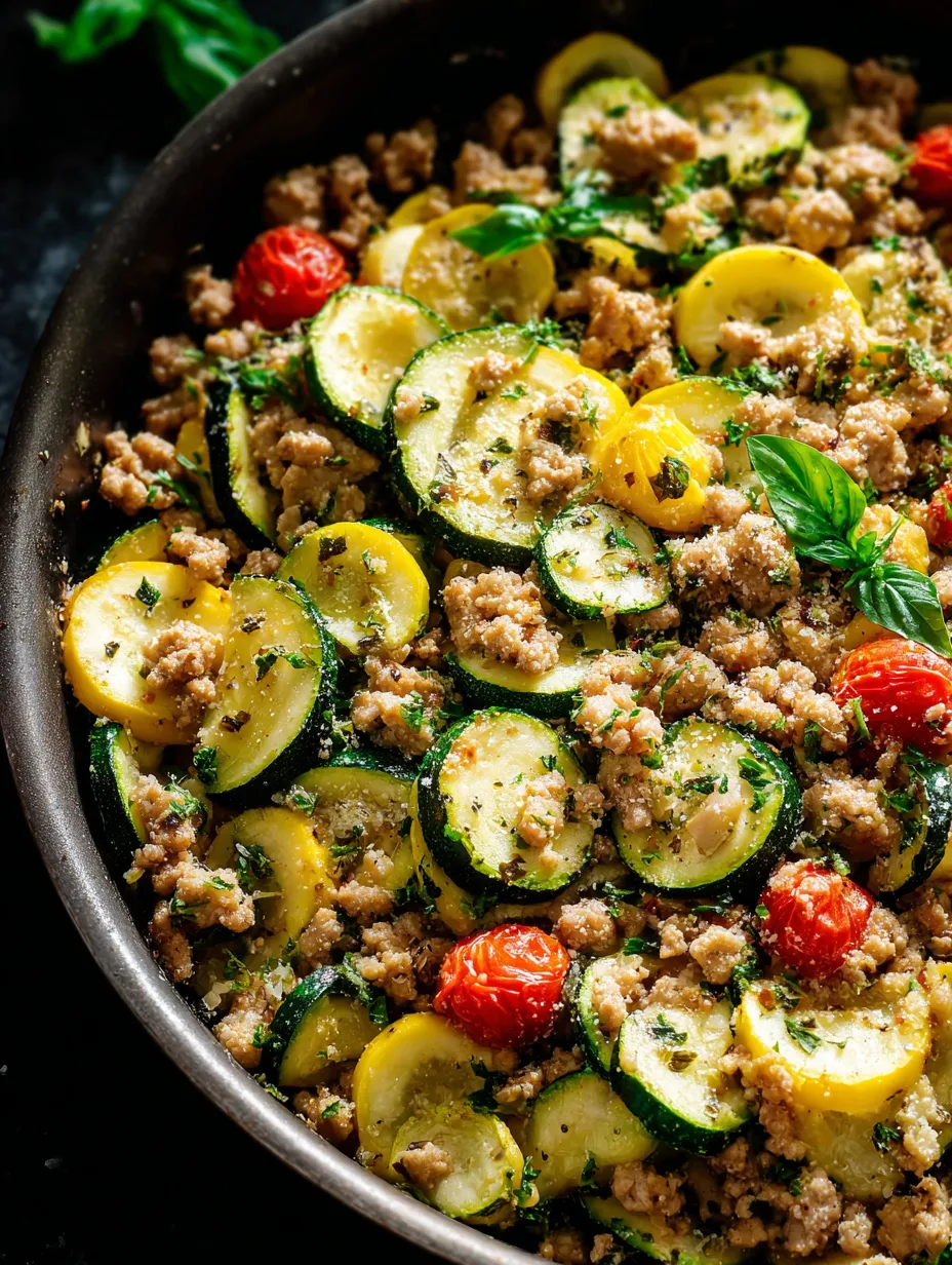 Eine Schüssel mit Zucchini, Tomaten und Fleisch.