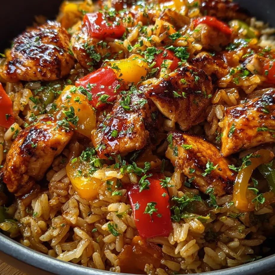 Ein Teller mit Huhn, Reis und Paprika.