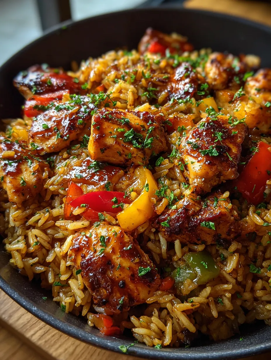 Eine Schüssel Reis mit Hähnchen und Paprika.