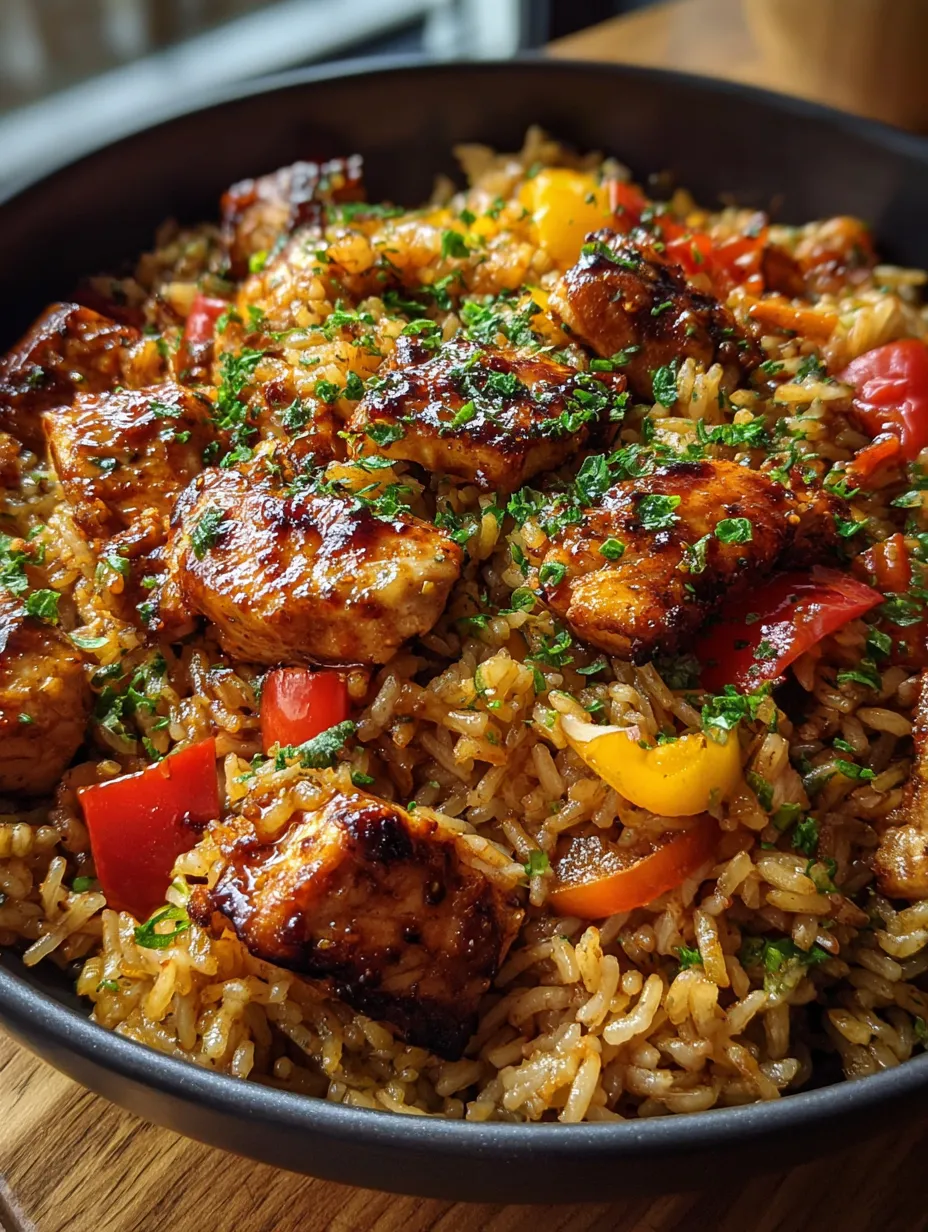 Eine Schüssel Reis mit Fleisch und Gemüse.
