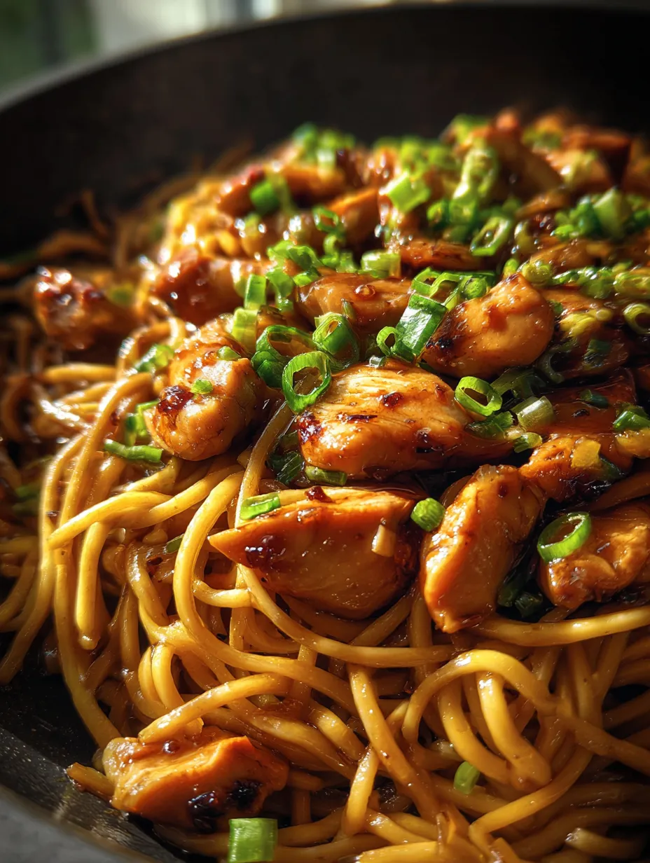 Eine Schüssel Nudeln mit Hähnchen und Gemüse.