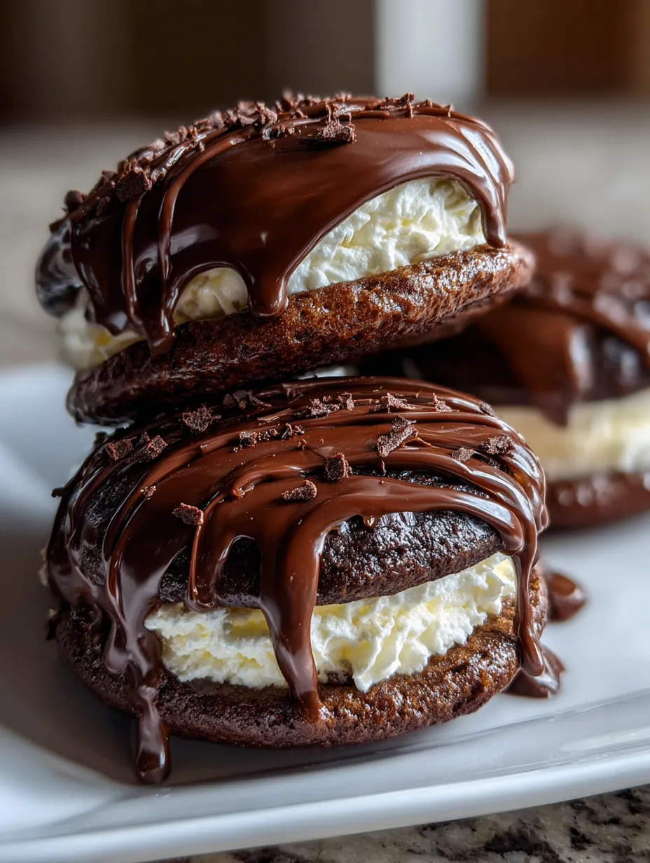 Schokolade und weiße Creme auf einem Cookie.