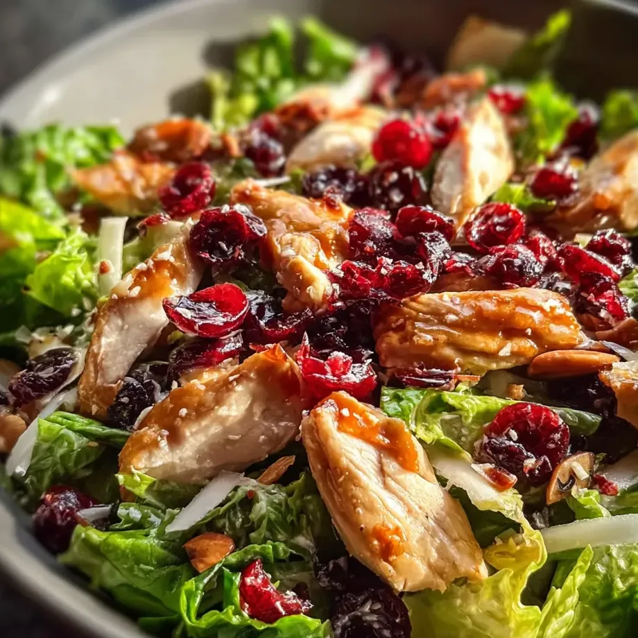 Eine Schale Salat mit Hähnchen, Cranberries und Blattsalat.