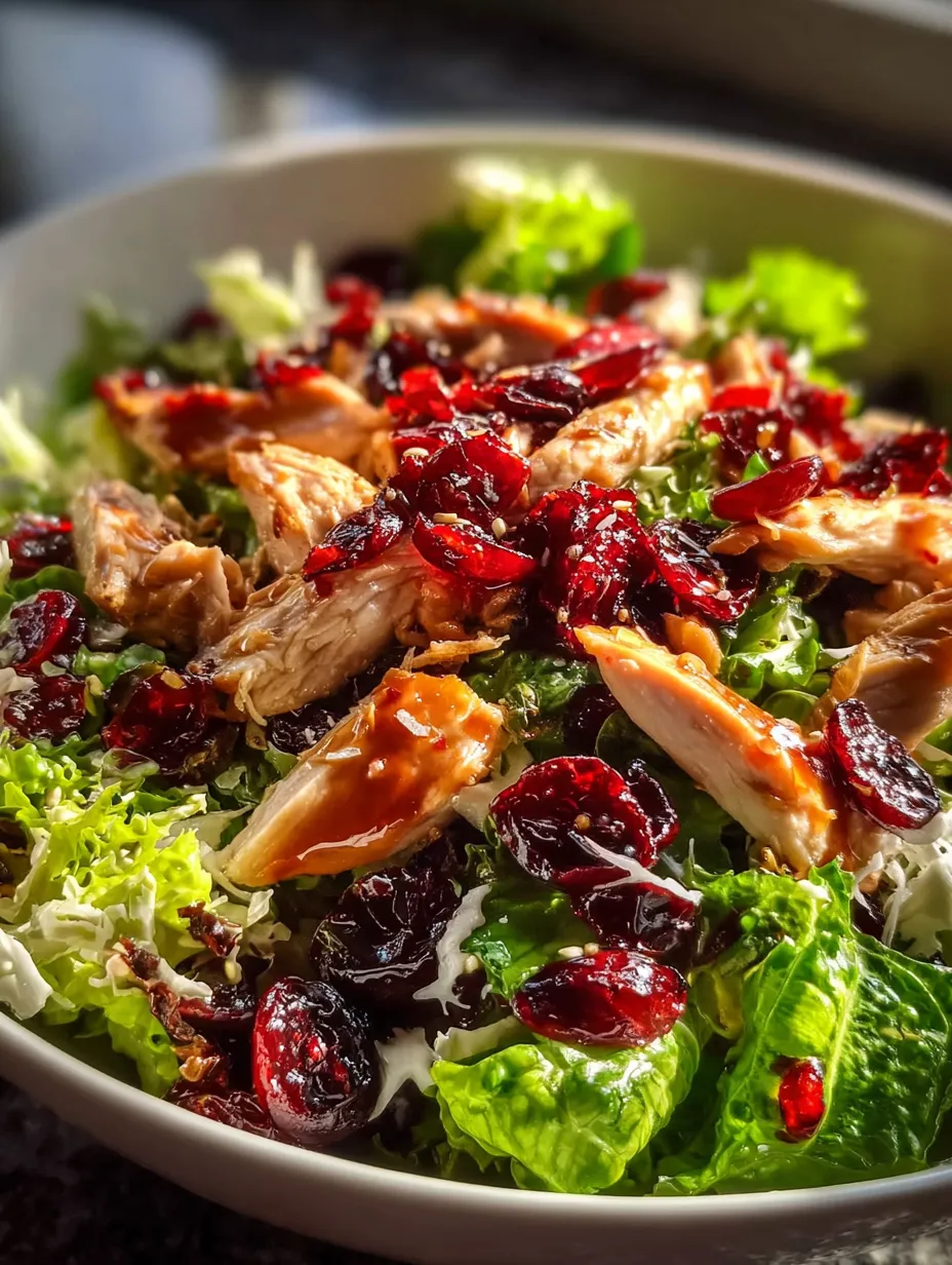 Eine Schüssel Salat mit Hühnchen, Cranberries und Blattsalat.