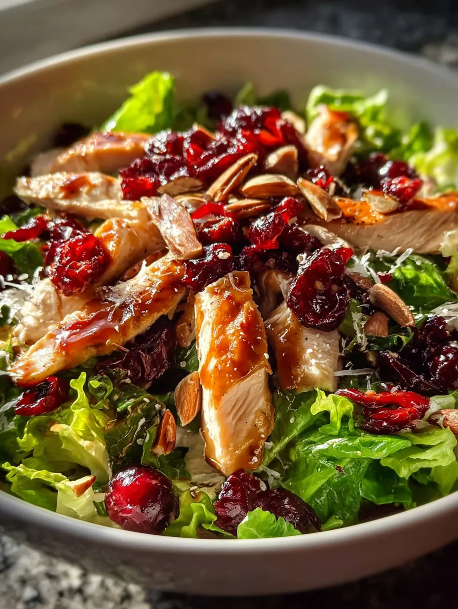 Eine Schüssel mit Salat, Hühnchen, Cranberries und Walnüssen.