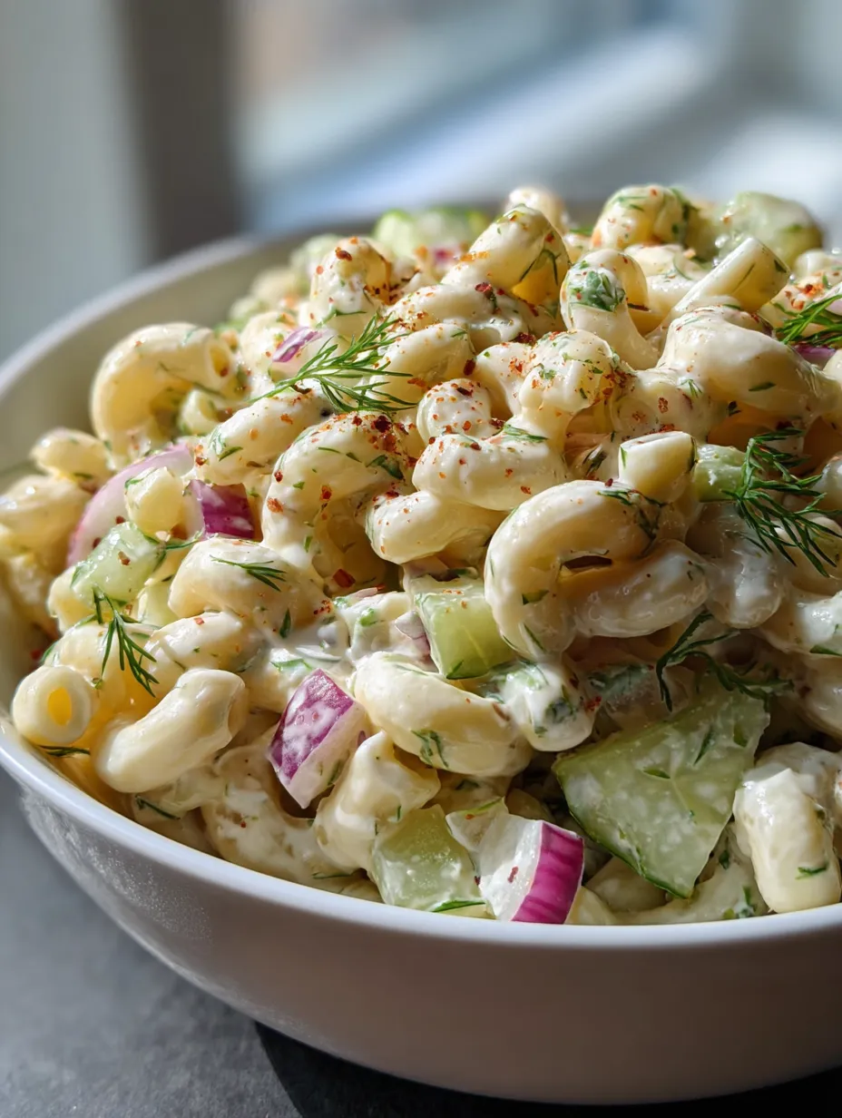 Eine Schüssel Nudelsalat mit Gemüse.