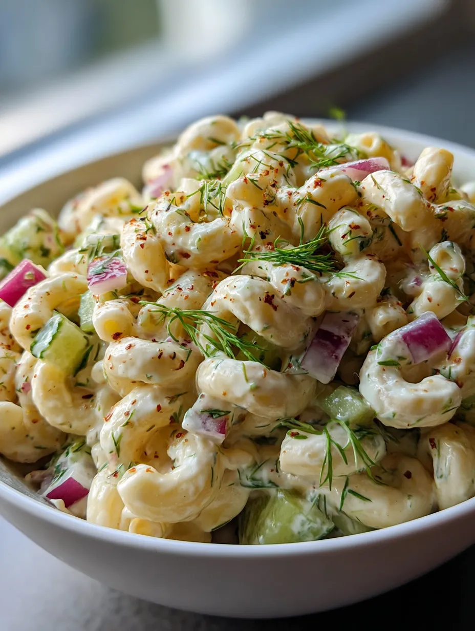 Eine Schüssel Nudelsalat mit Gemüse.