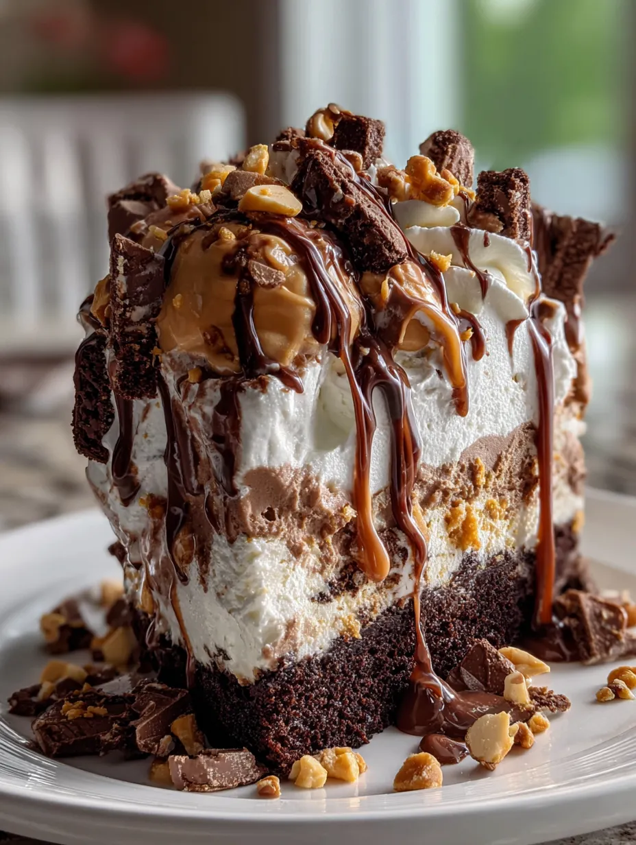 Ein Stück Schokokuchen mit Karamellsoße oben drauf.