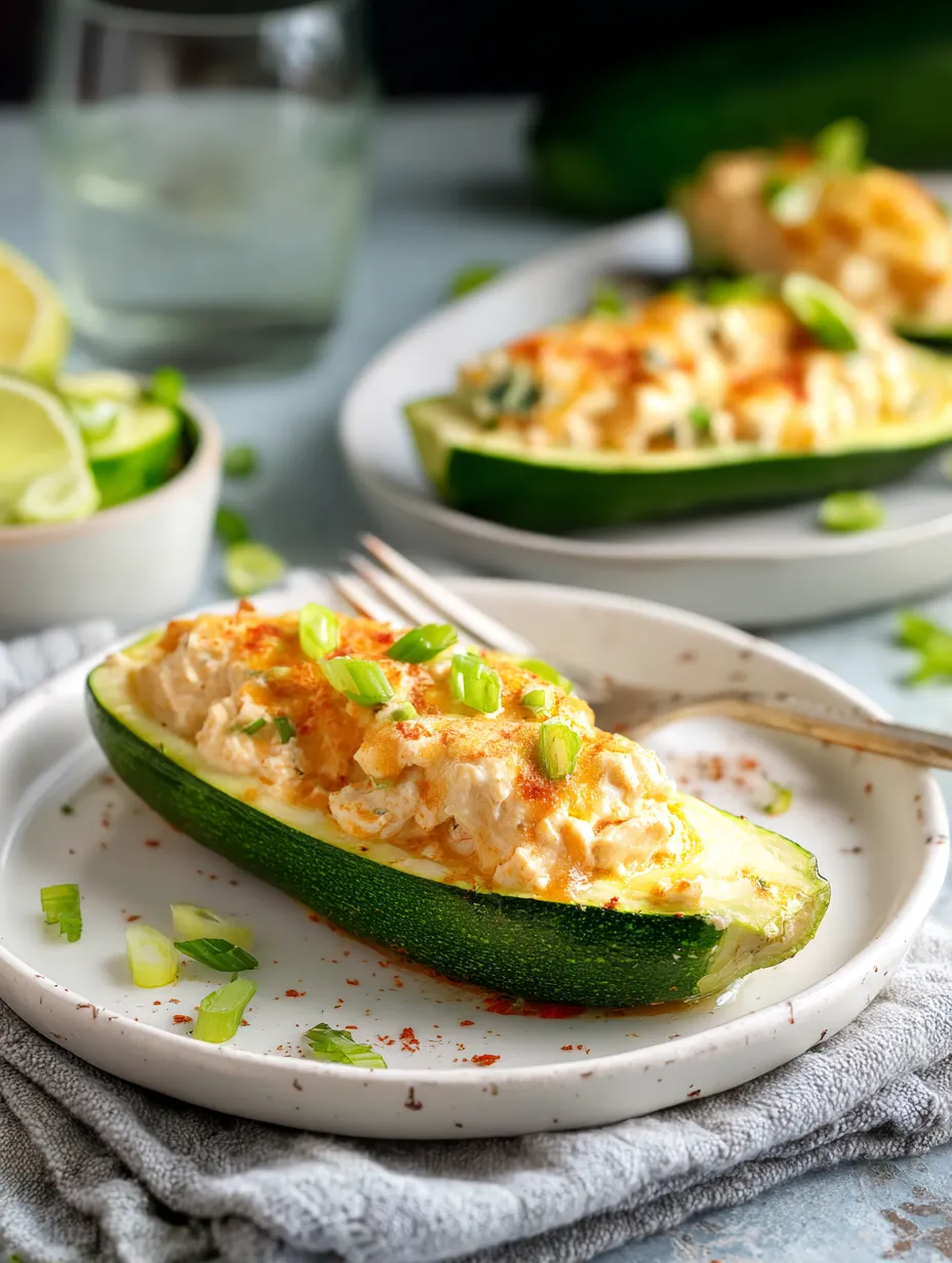 Ein Zucchini mit einer cremigen Füllung auf einem weißen Teller.