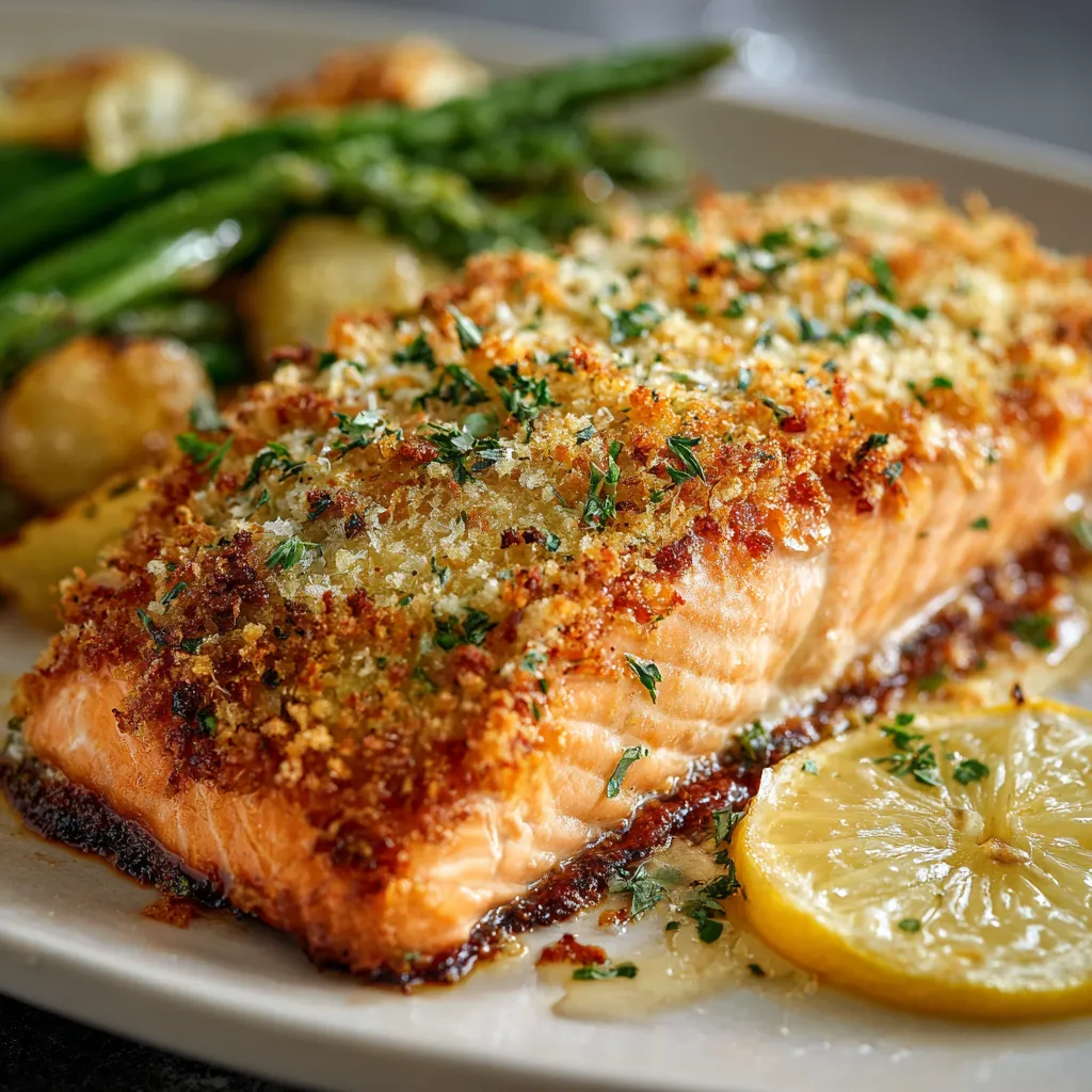 Ein Salat mit grünen Blattkohl, Asparagus und Kartoffeln, garniert mit Zwiebeln und Knoblauch. Darüber liegt eine Portion gerösteter Fisch, die mit Zwiebeln und Knoblauch garniert ist.