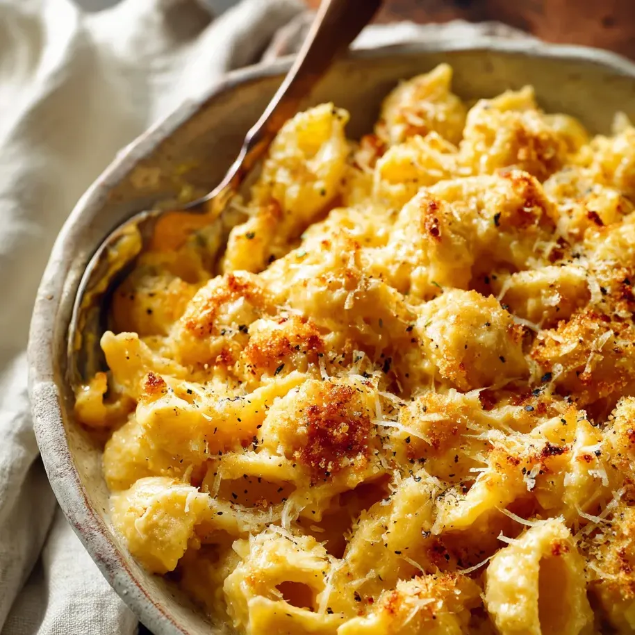 Ein Schmelztopf mit macaroni und cheese auf einem Teller.