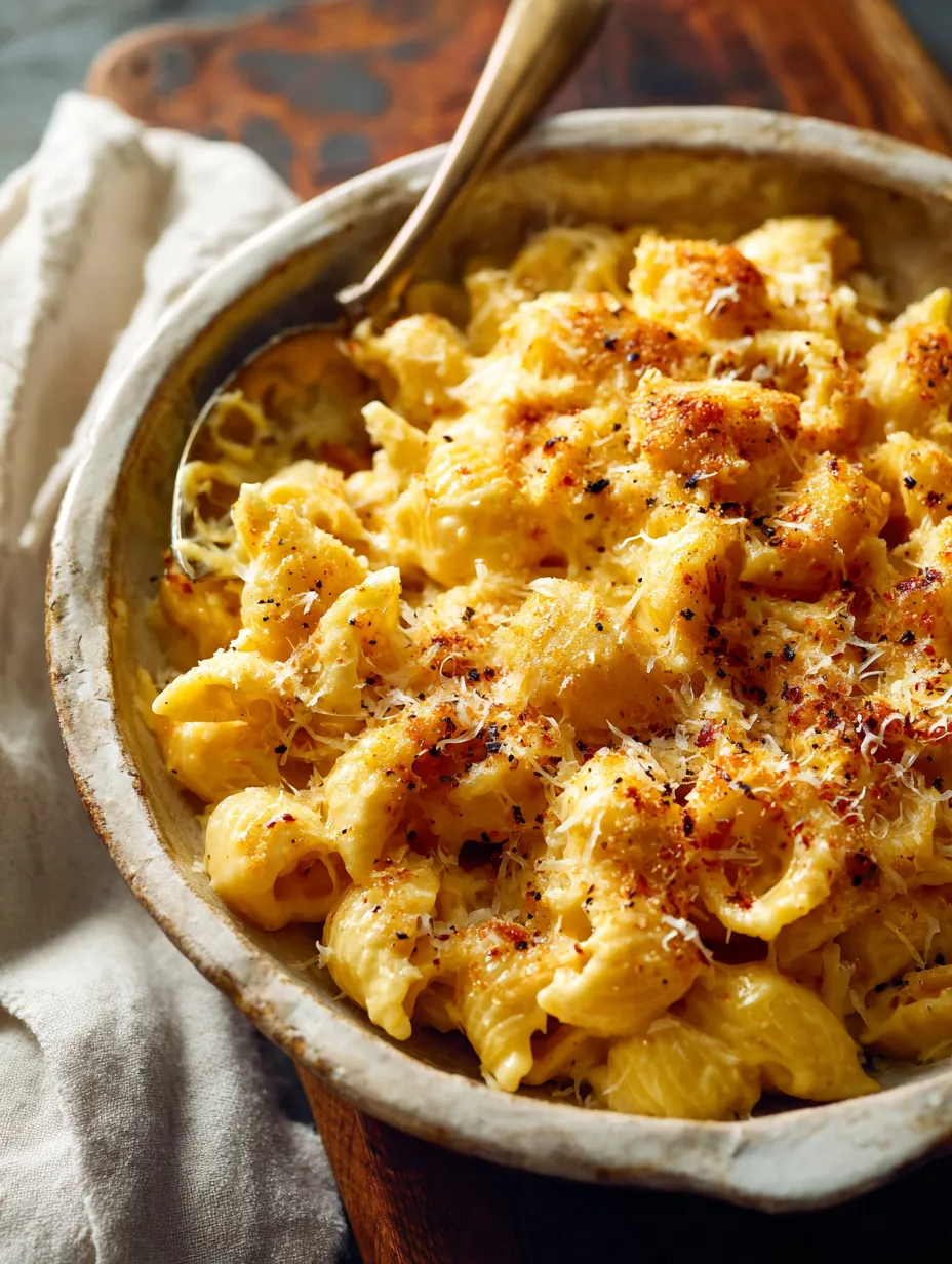 Ein Kessel mit macaroni und cheese, der mit Parmesan und Kräutern garniert ist.