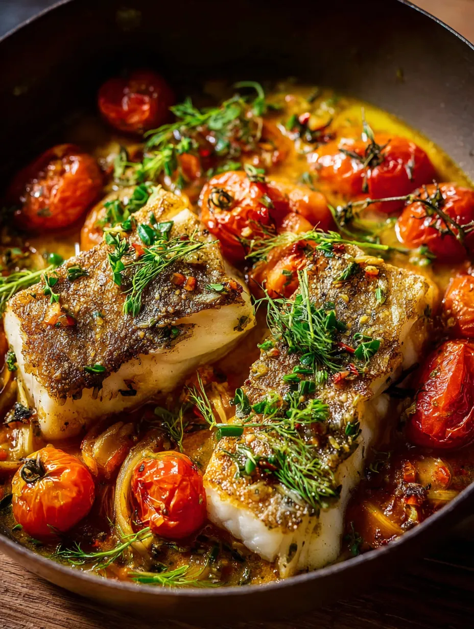 Ein Fisch mit Tomaten und Zwiebeln in einer Pfanne.