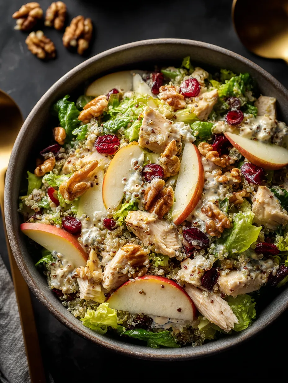 Ein großes, glänzendes Becken mit einer Mischung aus Nüssen, Käse, Salat, Apples und Chicken.