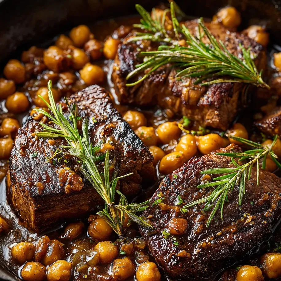 Eine Schüssel mit Rindfleisch, Chickpeas und Kräutern.