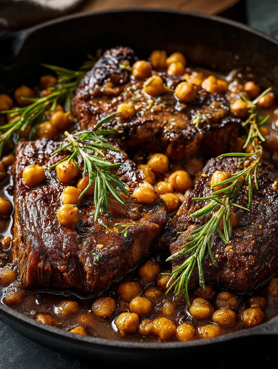 Rindfleisch mit Gewürzen in einer Pfanne.