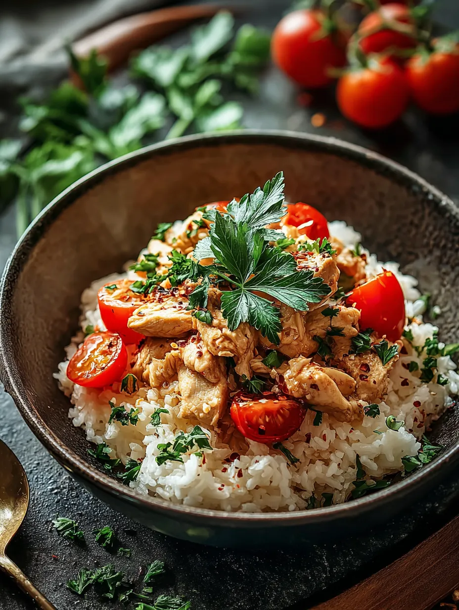 Ein Schüssel mit Reis und Tomaten.