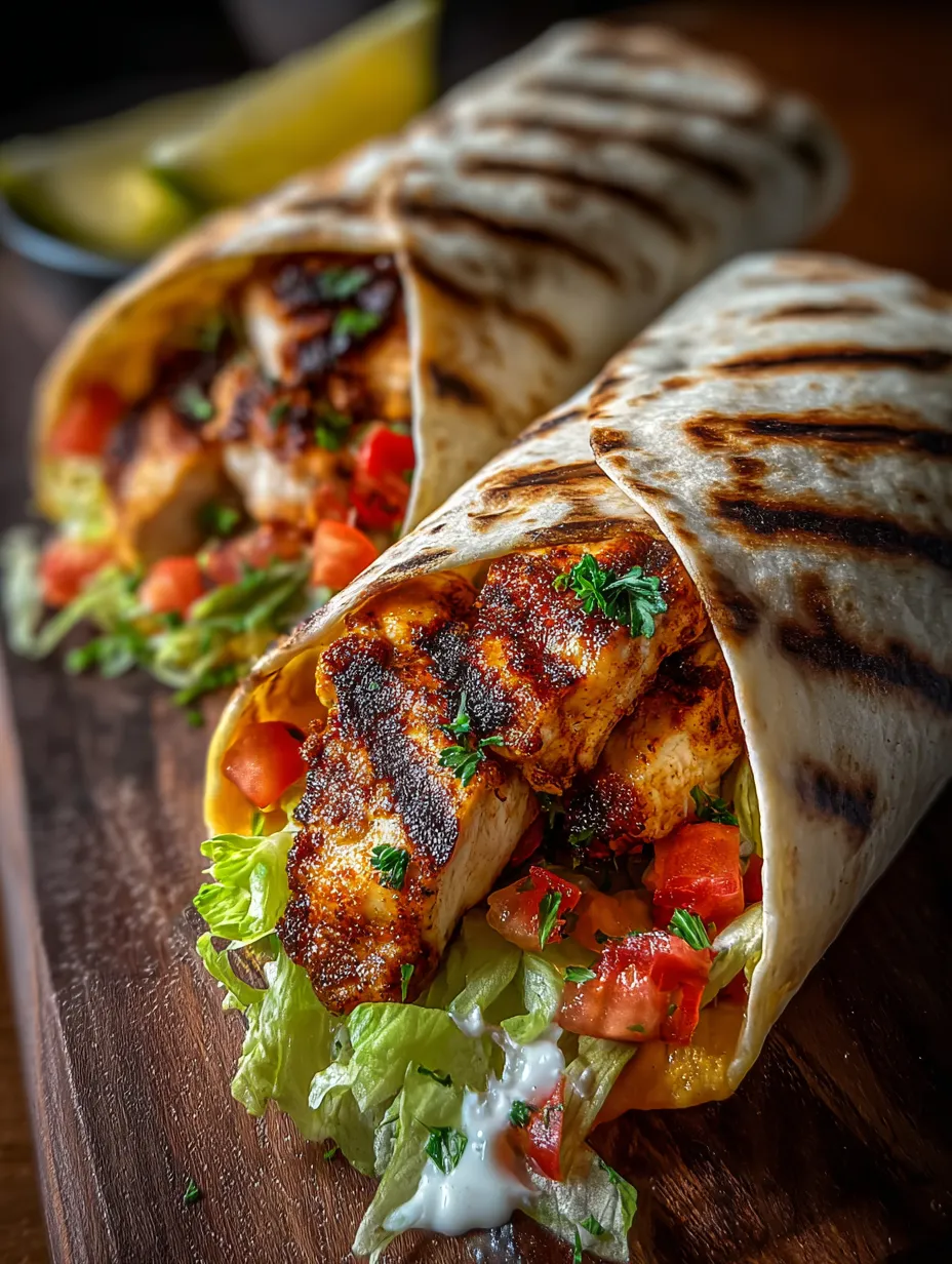 Eine prägnante Bildbeschreibung auf Deutsch lautet: "Ein Taco mit Chicken und Tomaten auf einem Tisch.