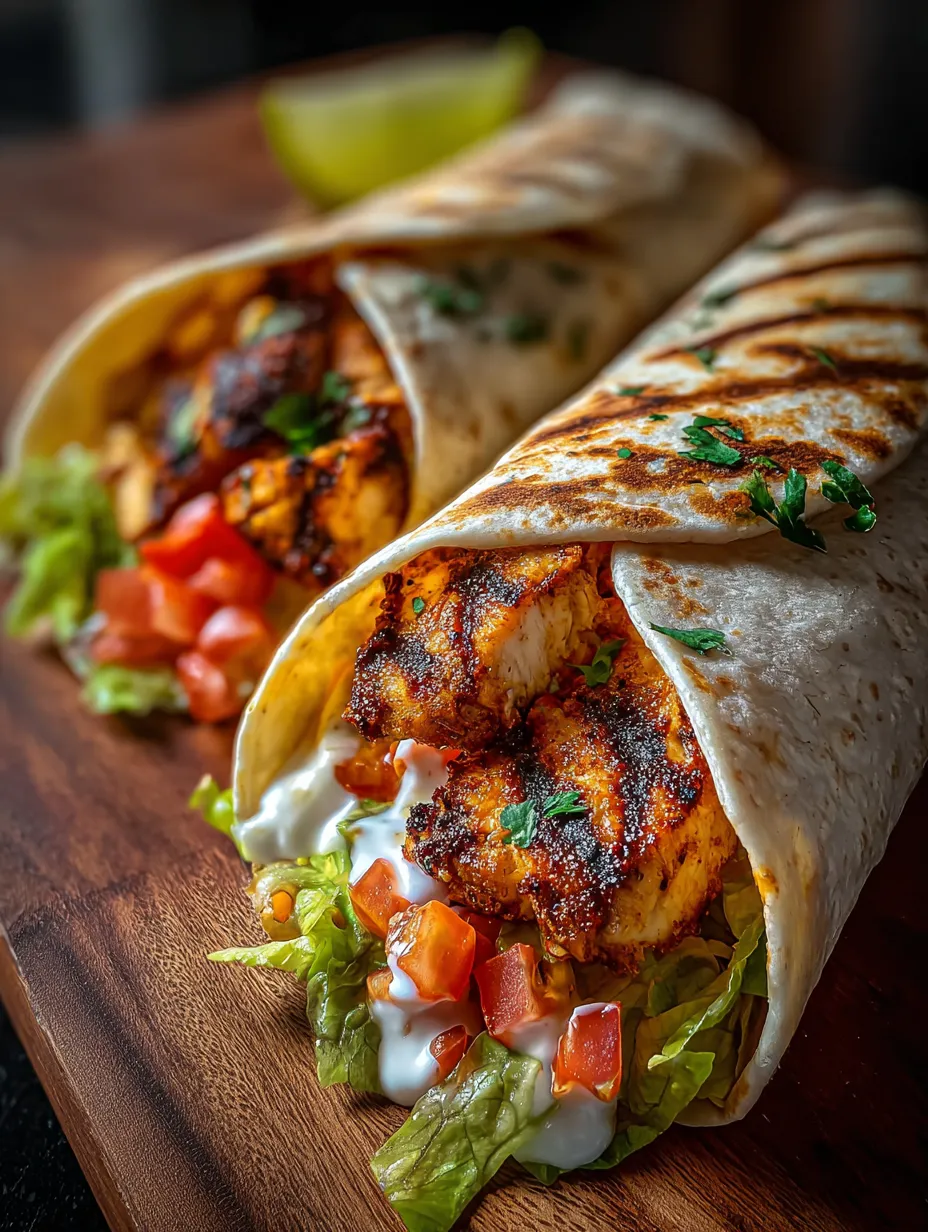 Eine prägnante Bildbeschreibung lautet: "Ein Taco mit Chicken und Tomaten auf einem Tisch.